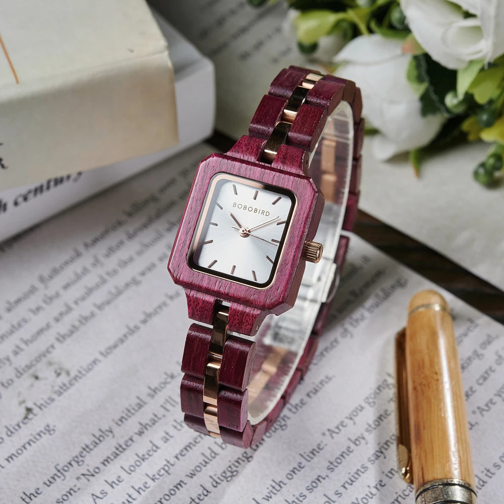 Fashion Women's Watch Wooden Links Square Face Wrist Watch for Ladies Special Gift