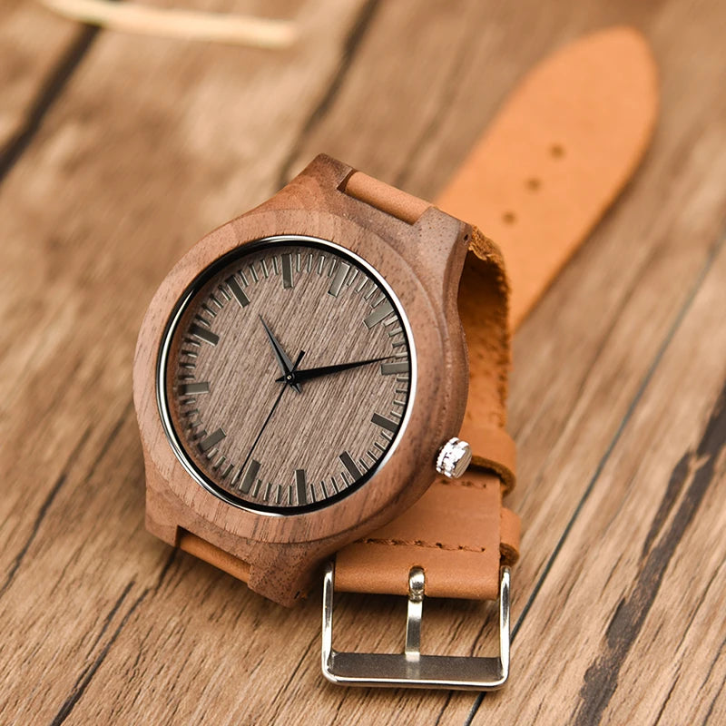 Wooden Unisex Wrist Watches - Classic Analog Quartz Movement With Tan Leather Band