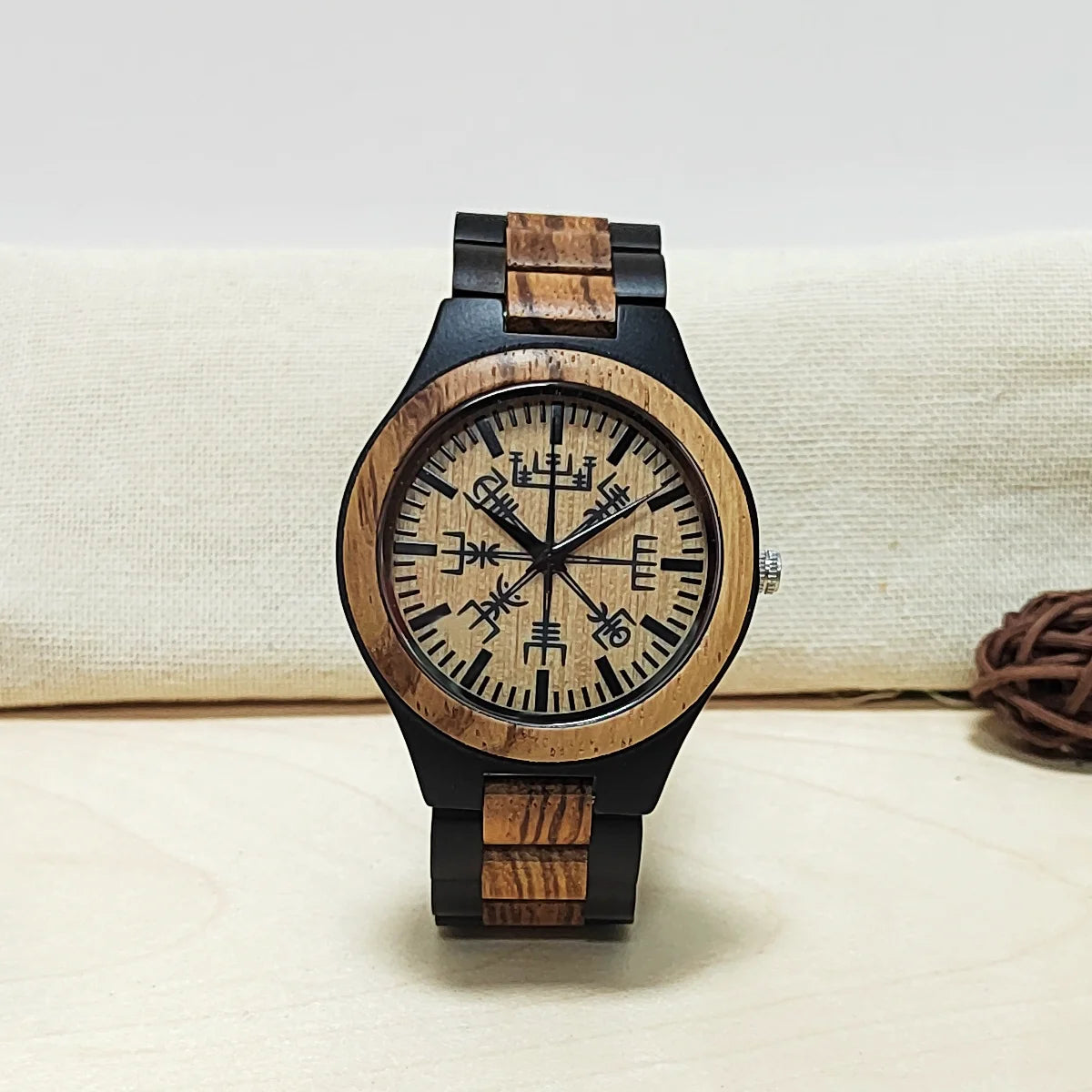 Men’s Analog Wooden Watch With Viking Symbol Face - Classic Quartz Movement