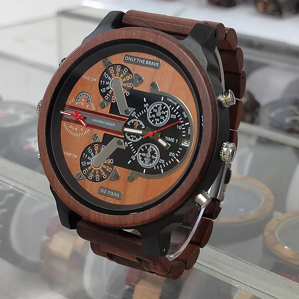 Men's Large Chronographic Dial Wooden Watch - Sports Style With Luminous Hands And Quartz Movement
