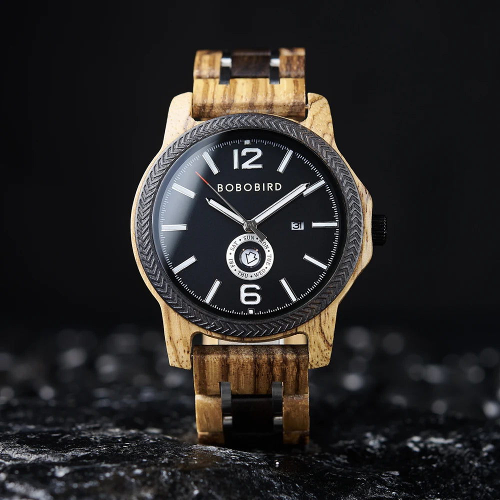 Mens Wooden Watch - Analog Watch for Men With Gift Box - Round Face Quartz Movement