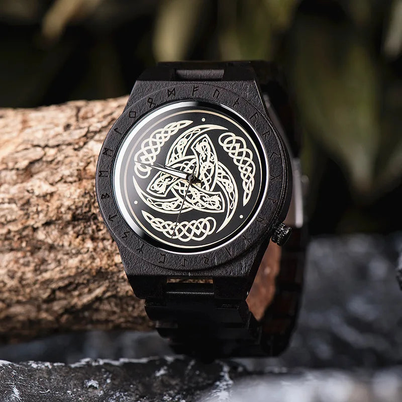 Men's Handmade Wooden Wristwatch - Viking Style Carved Round Face - Quartz Movement