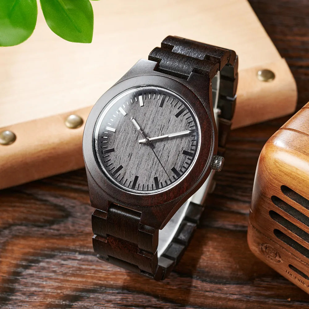 Men's Wooden Watch for Casual Dress - Wrist Watch with Ebony Wood and Analog Face