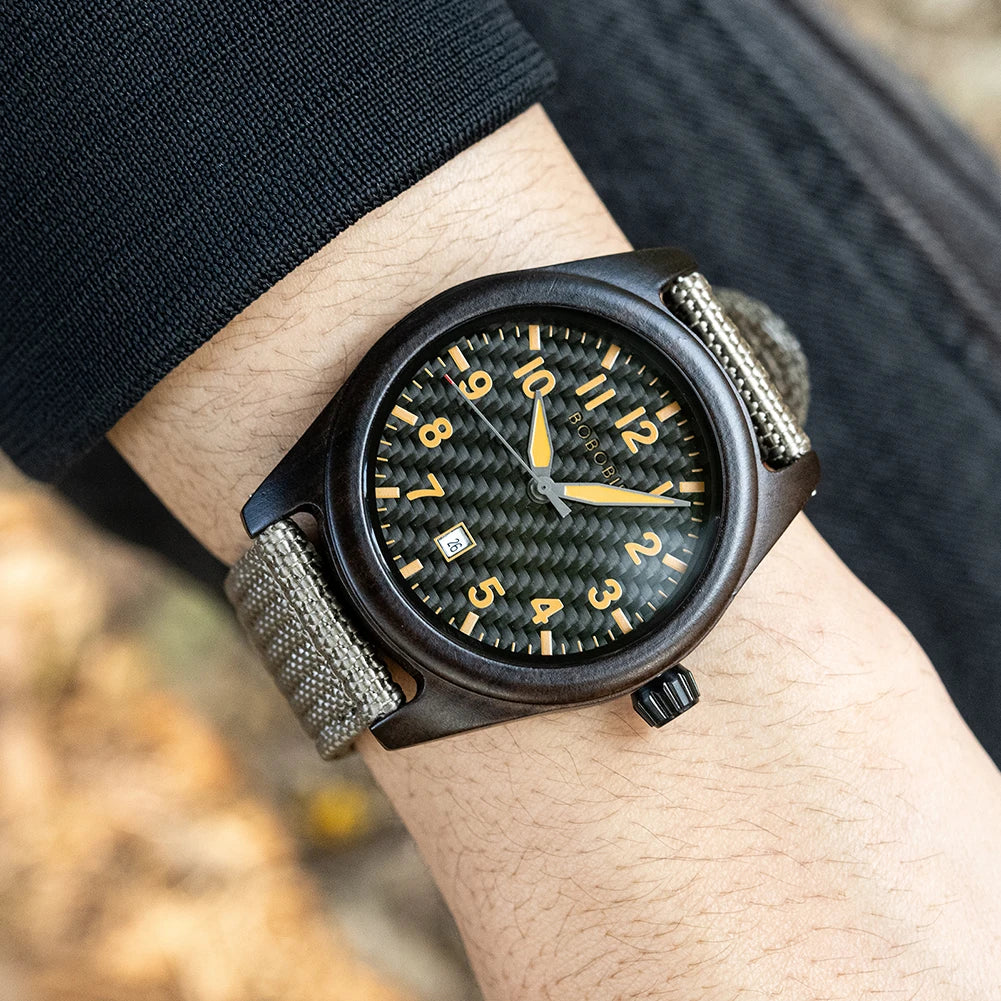 Men's Wooden Watch with Nylon Strap - Casual Wristwatch for Men - Quartz Movement & Analog Display