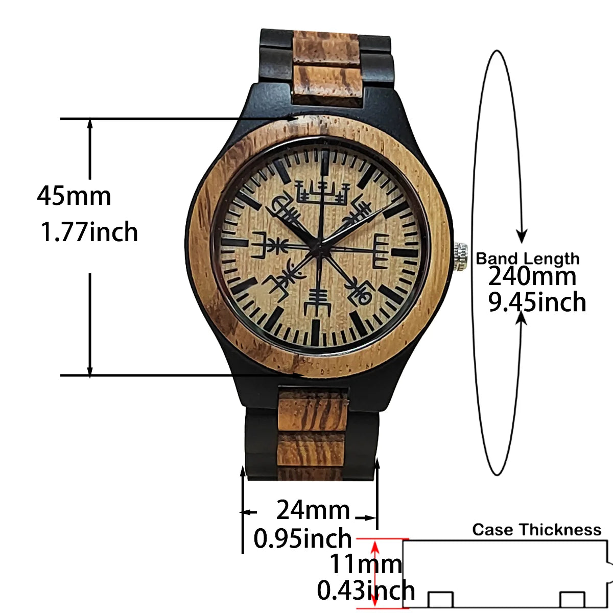 Men’s Analog Wooden Watch With Viking Symbol Face - Classic Quartz Movement