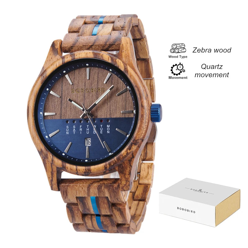 Men's Wooden Wooden Wristwatch - Quartz Movement with Week & Date Display Calendar