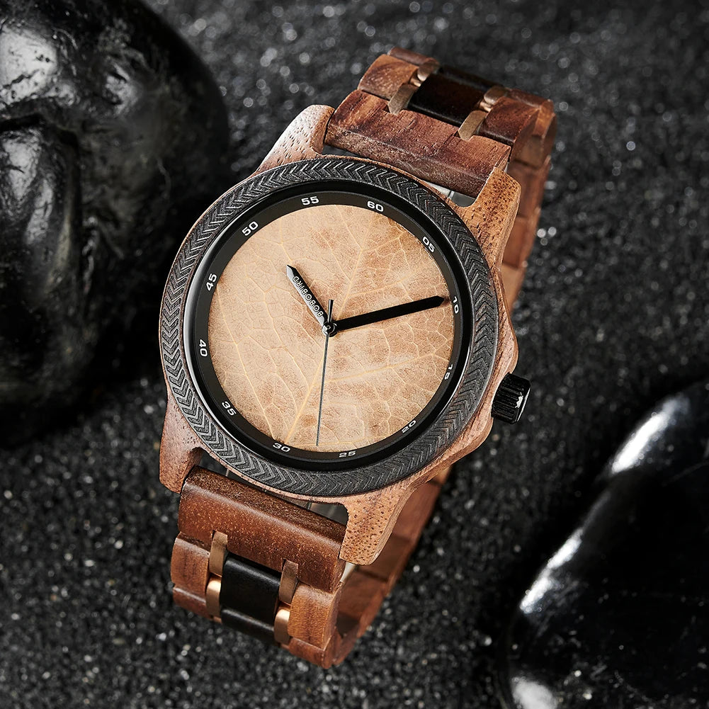 Men's Unique Leaf Dial Design Wooden Wristwatch - Quartz Movement - Analog Display