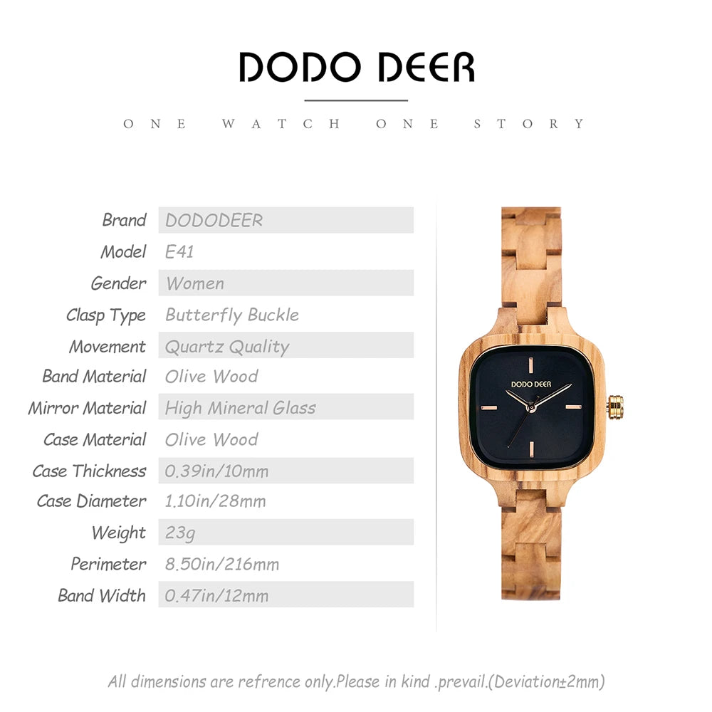 Women’s Wooden Quartz Wristwatch With Square Face - Black Numberless Analog Display