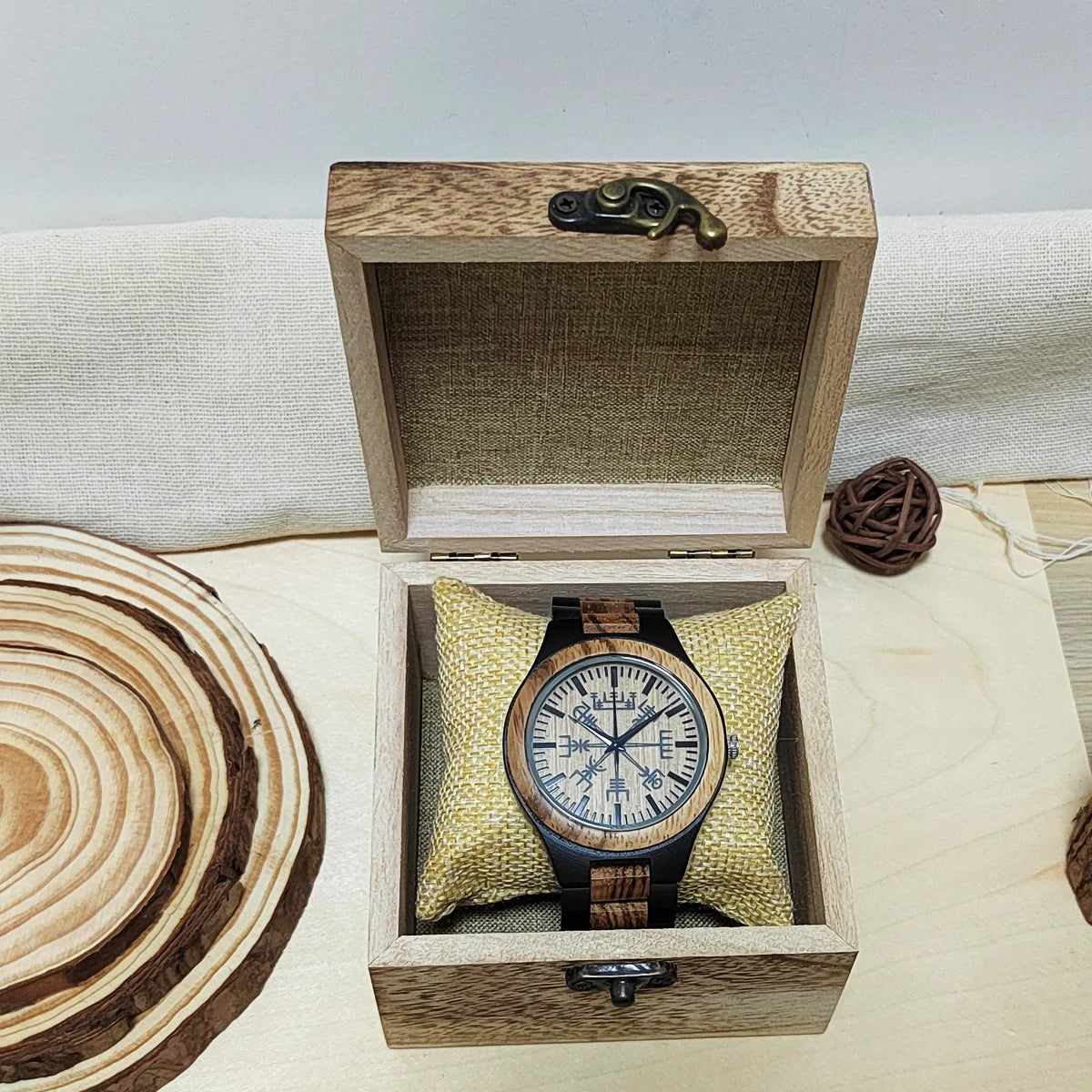 Men’s Analog Wooden Watch With Viking Symbol Face - Classic Quartz Movement