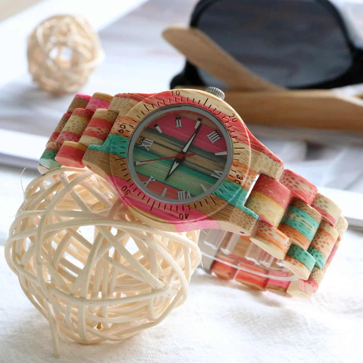 Women's Multicolor Natural Bamboo Wooden Watch - Classic Quartz Movement Analog Wristwatch for Ladies
