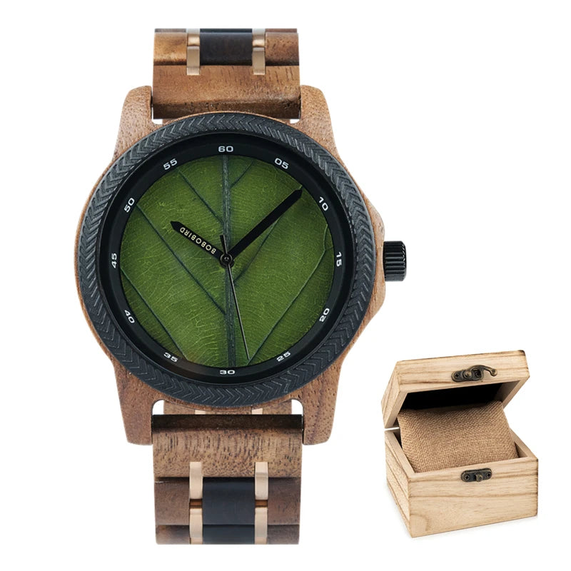 Men's Unique Leaf Dial Design Wooden Wristwatch - Quartz Movement - Analog Display