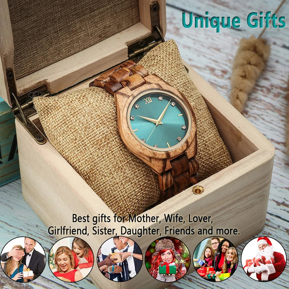 Women’s Wooden Watch With Decorative Rhinestones - Natural Wood Dial And Bracelet Wristwatch For Ladies