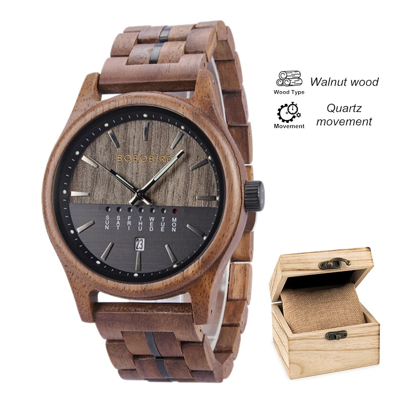 Men's Wooden Wooden Wristwatch - Quartz Movement with Week & Date Display Calendar