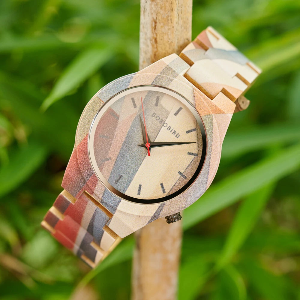 Men's Bamboo Wooden Watch with Pattern - Quartz Movement Pattern Printed Colorful Wristwatch