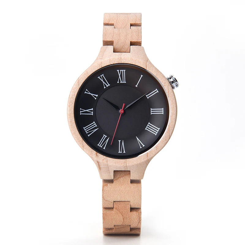 Women's Wooden Fashion Watch - Classic Retro Analog Display With Tound Face And Quartz Movement